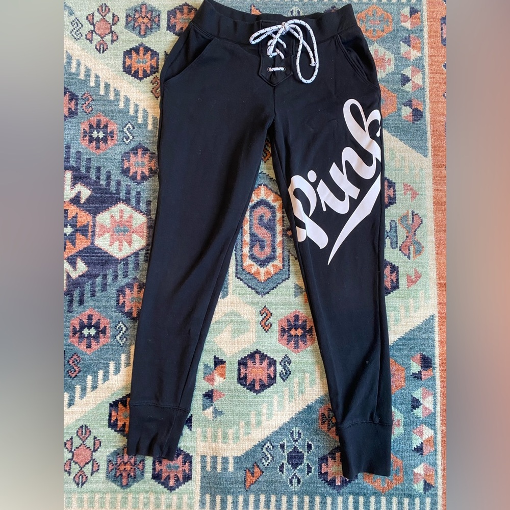 Victoria's Secret PINK Lace Up Sweatpants Joggers Black Y2K Spellout